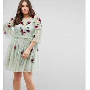 Embellished Mesh Fluted Sleeve Smock Mini Dress